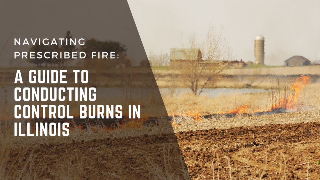 Navigating prescribed fire: A guide to conducting controlled burns in Illionois. A strip of farmland is set ablaze in a controlled setting with an agrarian scene in the background.