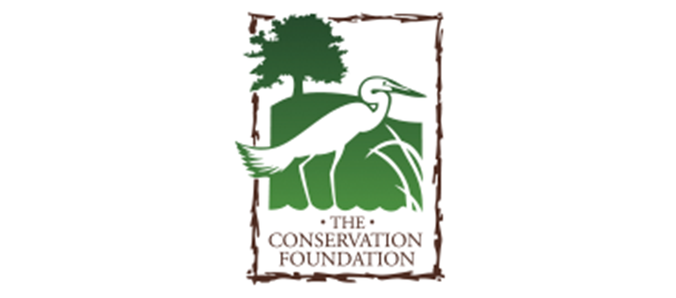 The Conservation Foundation text logo with tree in top left corner and large white bird with long beak in the middle.