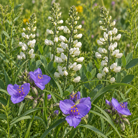Representative early-summer detail of white wild indigo and Ohio spiderwort, two species in the Expanded Diversity Add-On; foundation mix sold separately.