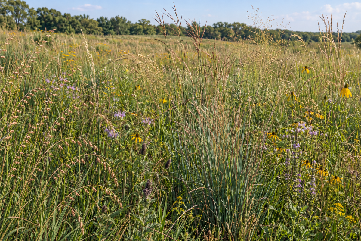 Representative picture of an established Illinois CP2 Dry mix planting with native grasses and scattered wildflowers.