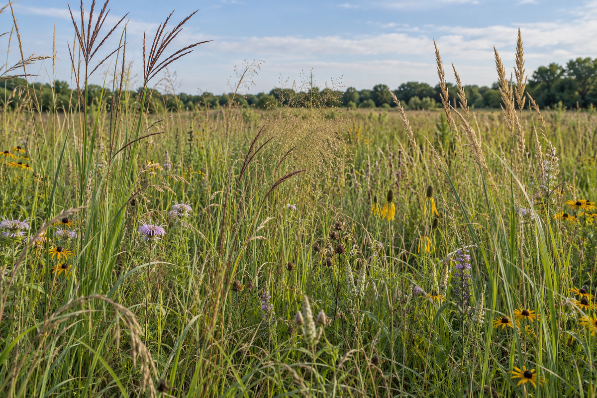 Representative picture of an established Illinois CP2 Mesic mix planting with native grasses and scattered yellow and lavender wildflowers.